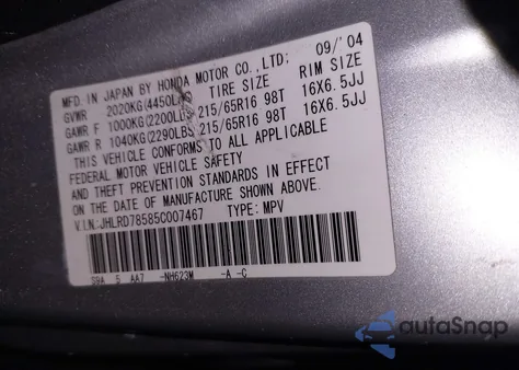 2005 Honda Cr-V Lx from USA, damaged, VIN JHLRD78585C007467